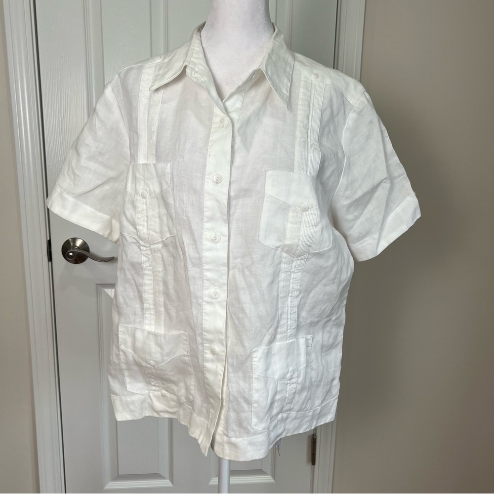 MOJITO Women's Traditional  Shirt . 100% Linen Short Sleeve 4 Pocket